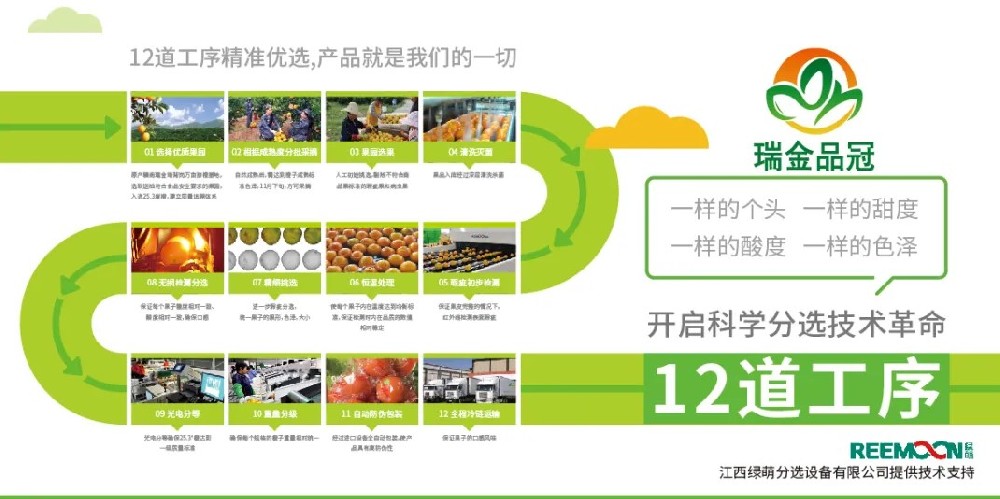 綠萌分選 讓您的水果好吃看得見 2020年11月27日，由瑞金市品冠農(nóng)業(yè)發(fā)展有限公司承辦的2020紅都品冠贛南臍橙以“綠水青山、紅色傳橙”為主題的推介會在沈陽舉行。瑞金品冠圍繞“紅色傳橙、綠色情懷、生態(tài)共建、品牌強農(nóng)”的理念，堅持要把優(yōu)質(zhì)贛南臍橙推介給東北人民，為此，瑞金品冠挑選優(yōu)質(zhì)臍橙果園基地